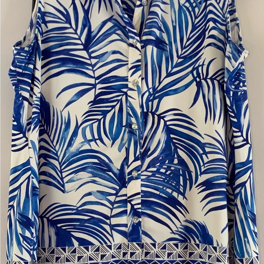 Tango Mango XL Blue White Palm Print Cold Shoulder Blouse Resort Coastal Top